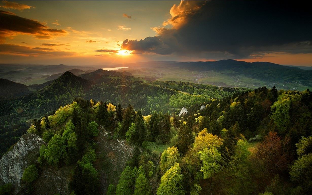 ♈ nature, landscape, spring, sunset, forest, sky, mountains, clouds, mist, trees | 1230×768 -【唯美小筑】