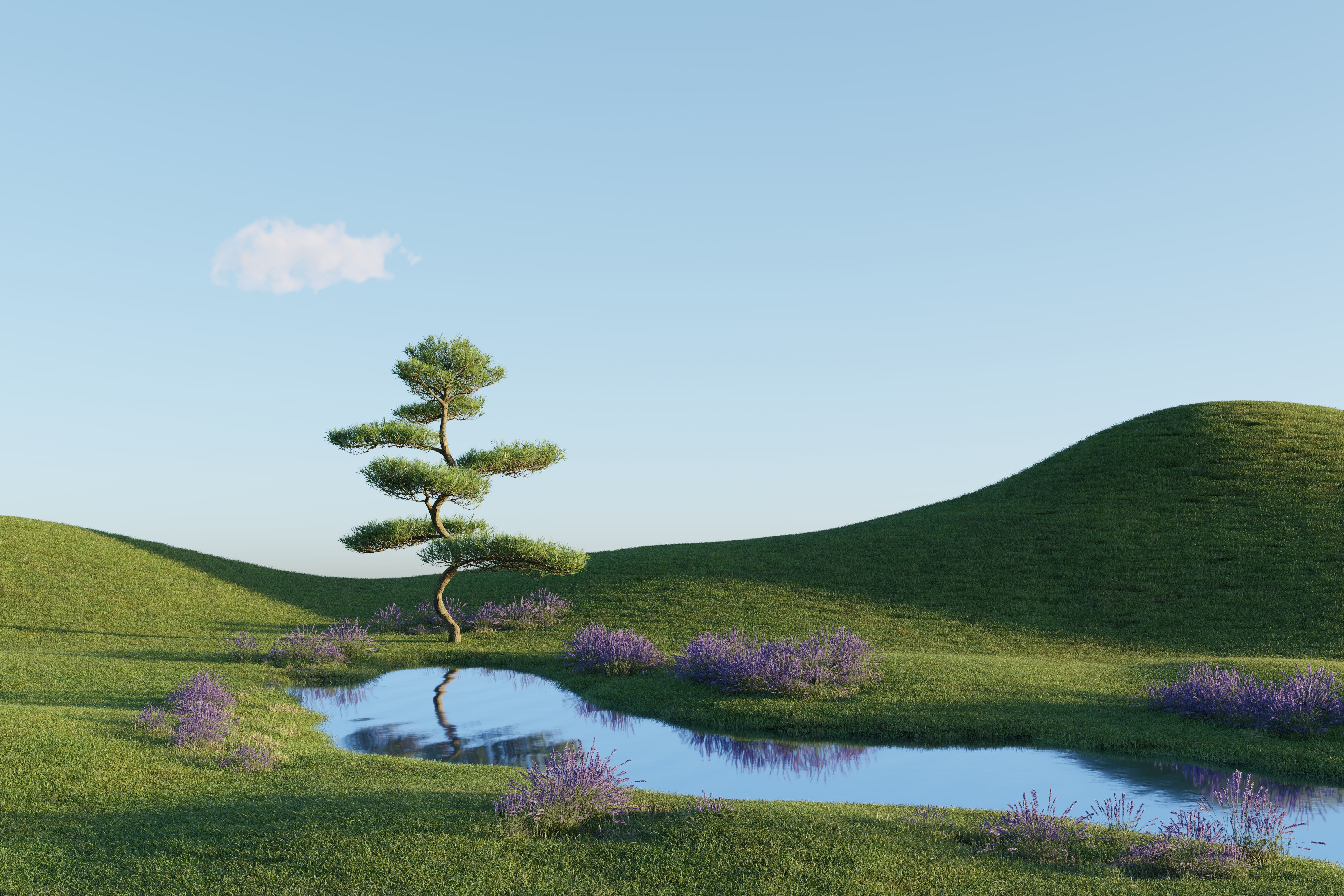 ♈ digital art, artwork, CGI, nature, landscape, field, trees, river, reflection, water | 6000×4000 -【唯美小筑】