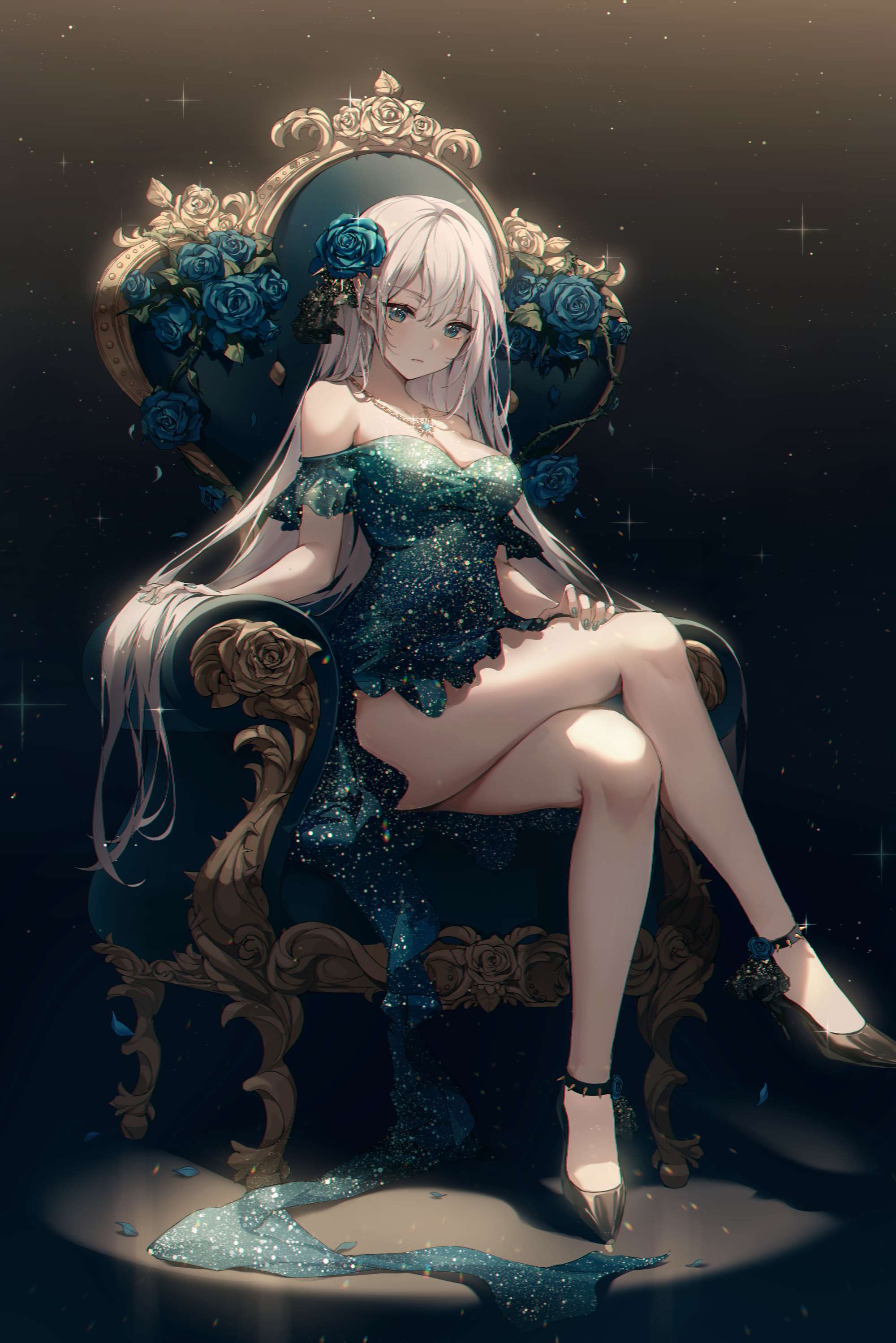 ♈rose, plants, chair, aqua eyes, necklace, sad, Dignified, gemstone necklace | 2000×2996 -【唯美小筑】