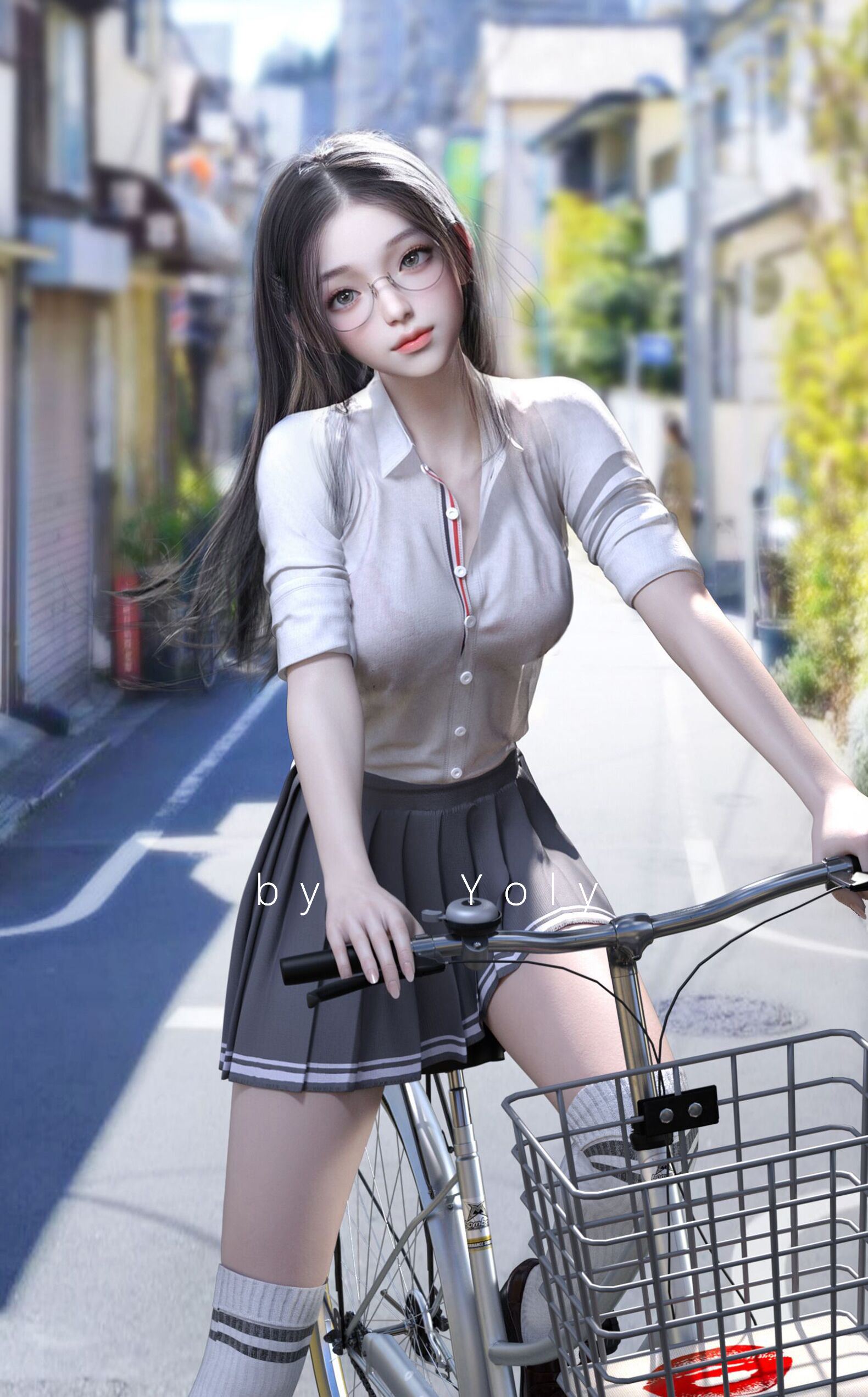 ♈ school uniform, bicycle, CGI, digital art, fantasy art, glasses | 1580×2541 -【唯美小筑】